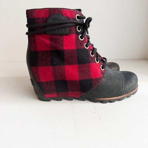 Sorel Buffalo Plaid Wool Leather Wedge Boots 9.5 - Picture 2 of 5